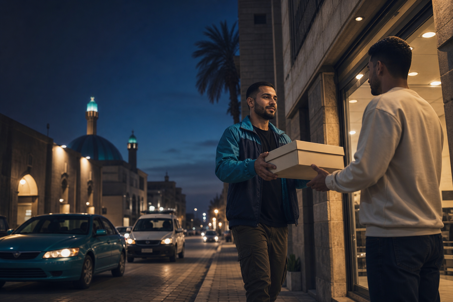 Cinematic concept of a Baghdad courier handing a retail parcel to a customer