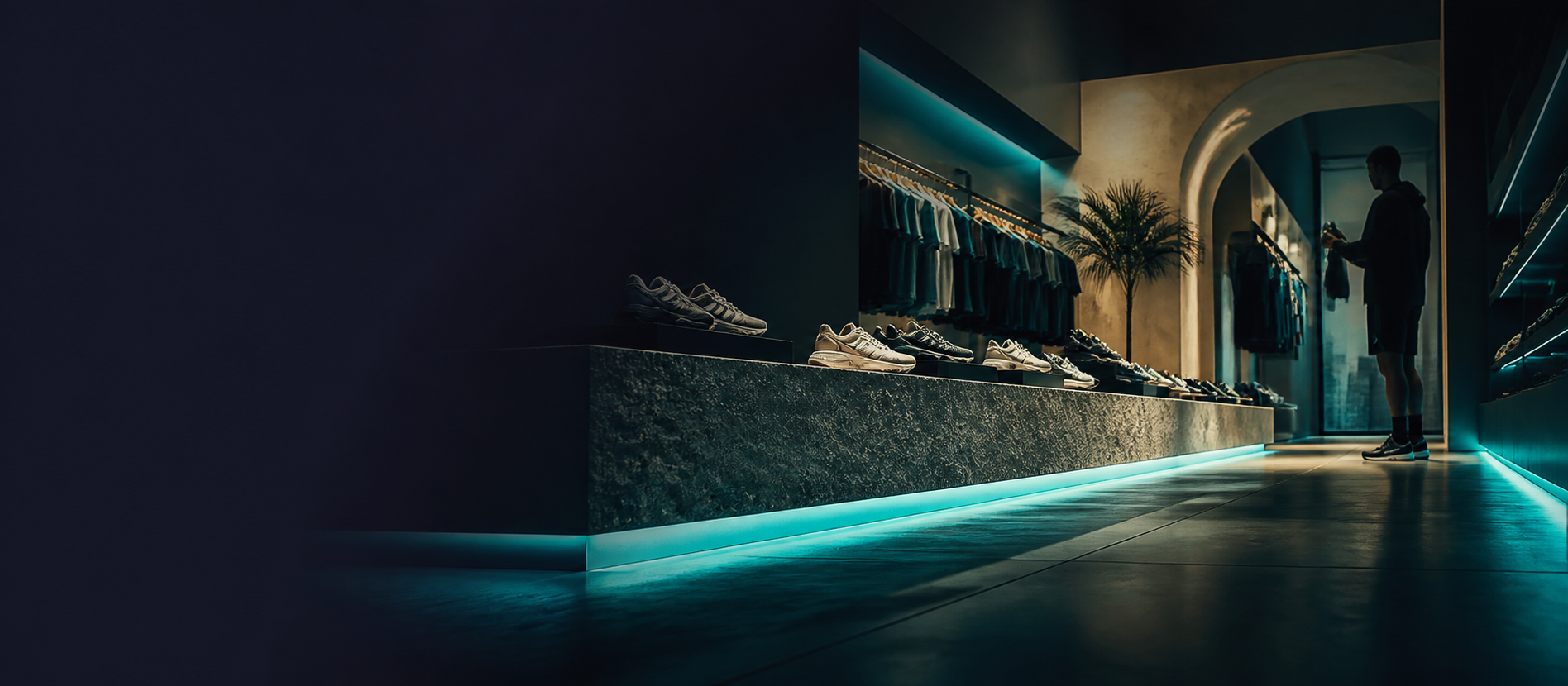 Cinematic concept of a premium sportswear storefront with teal lighting
