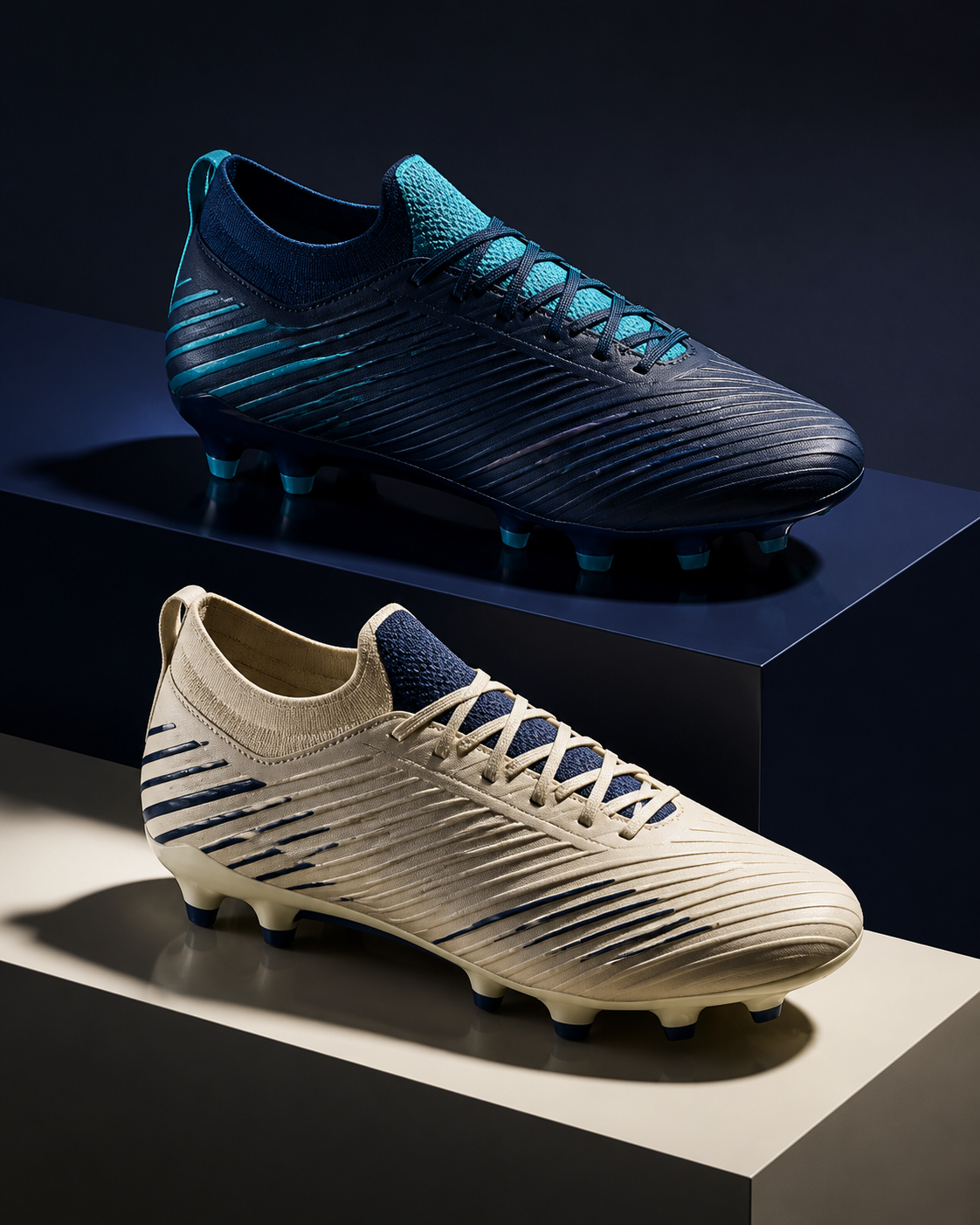 Concept showing one football boot in navy-teal and sand-navy colourways