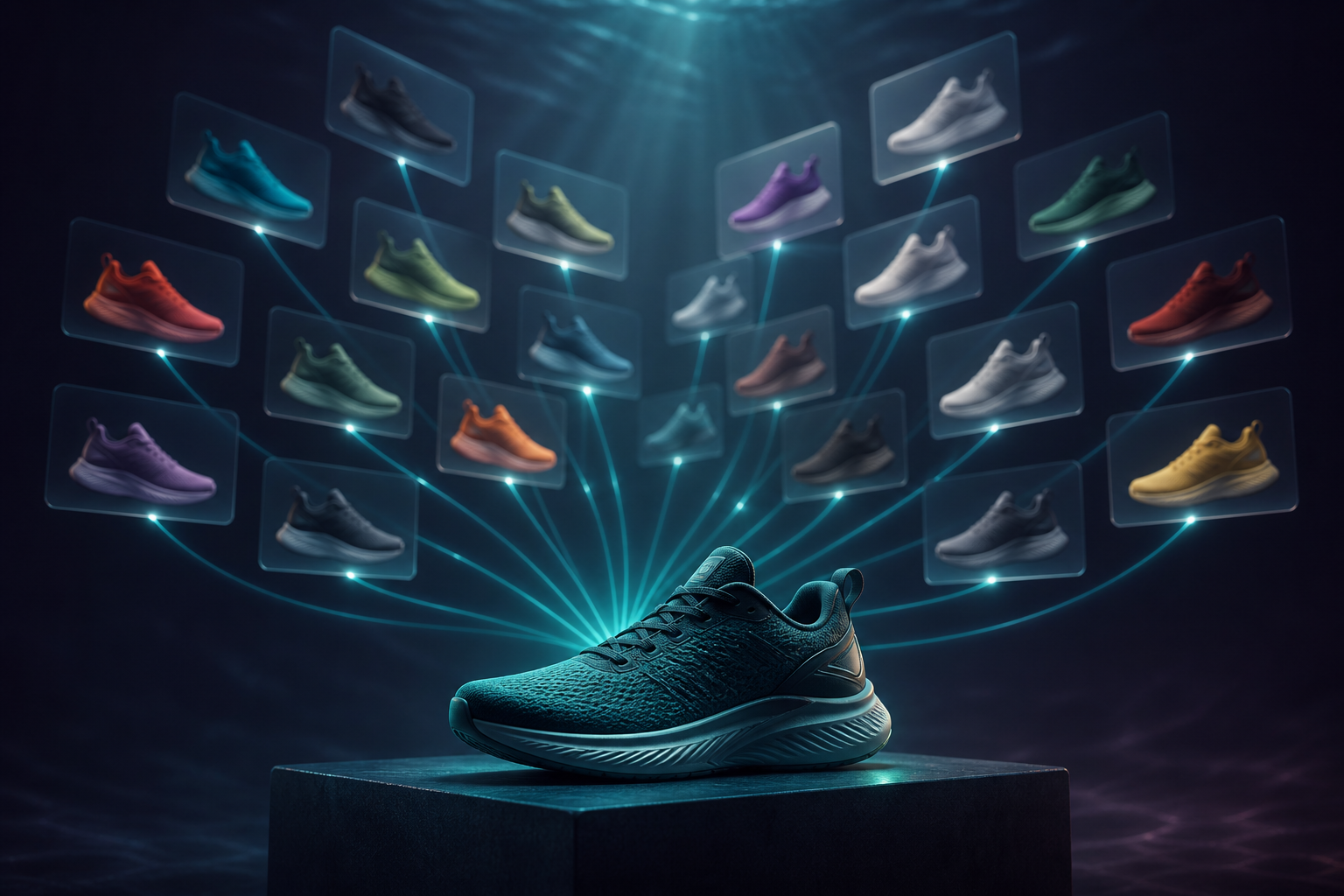 Concept image: one product on a plinth, its colourways fanning out as glowing cards connected back to it